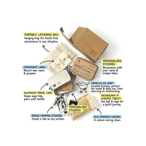 What's included in the VOCANOLAND travel soap kit: soap, aluminum case, lathering bag, loofah, scented tablet and stickers